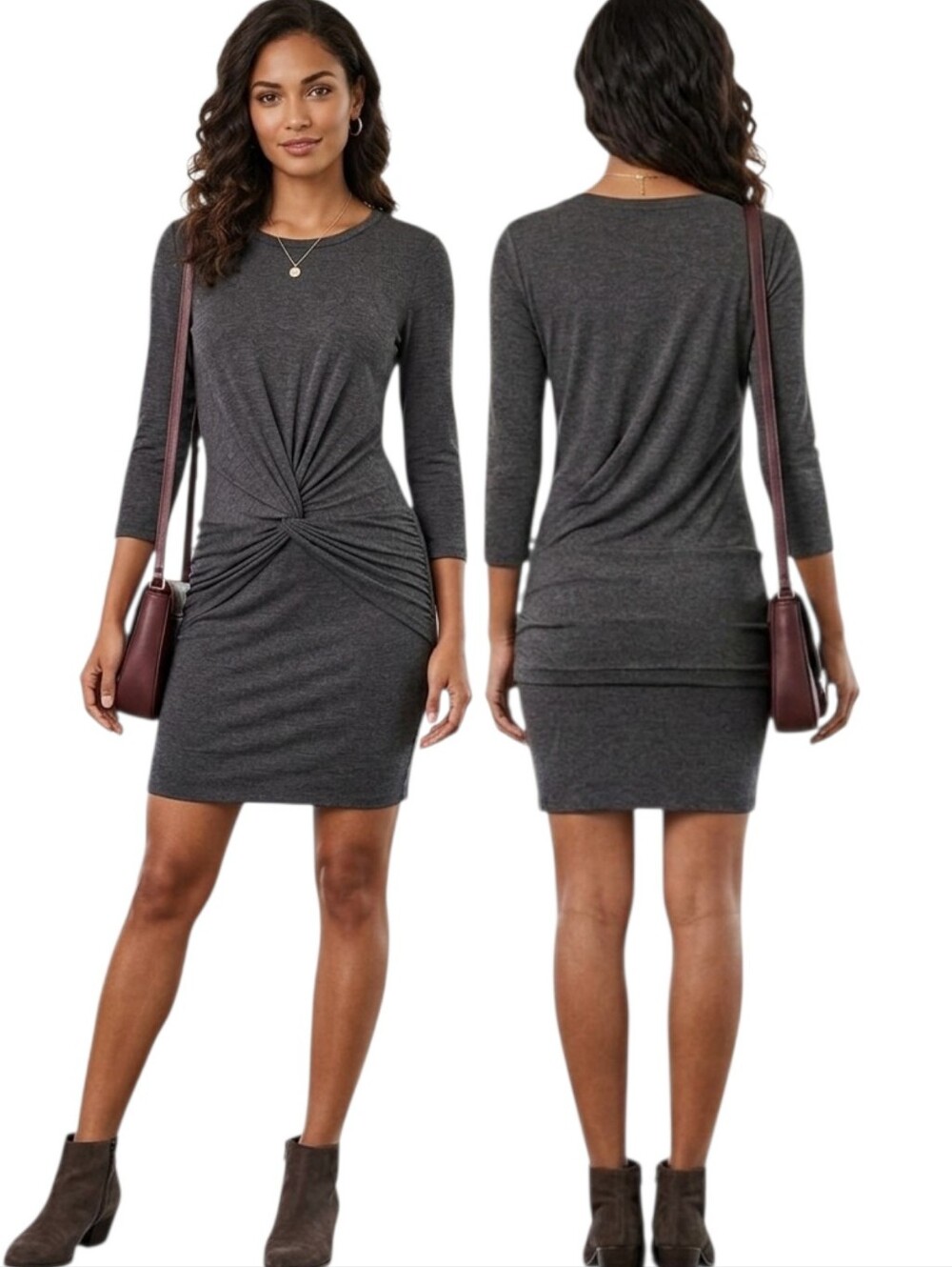 AMOUR VERT Grey Twist-front Cotton Mini Dress - Size M